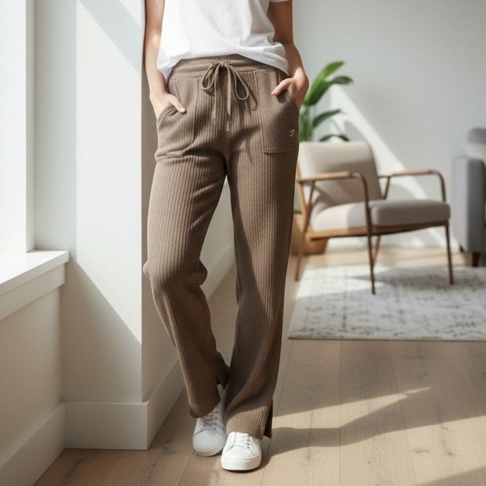 Gymshark Rest Day Knit Pants Women XXL Brown Ribbed Wide Leg Lounge Joggers